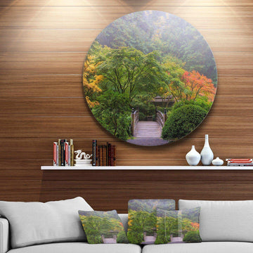 Foggy Dawn in Japanese Garden - Landscape Photography Metal Circle Wall Art